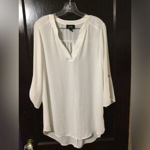💜By & By Womens White V-Neck Semi-Sheer Tunic Blouse Gently Worn.